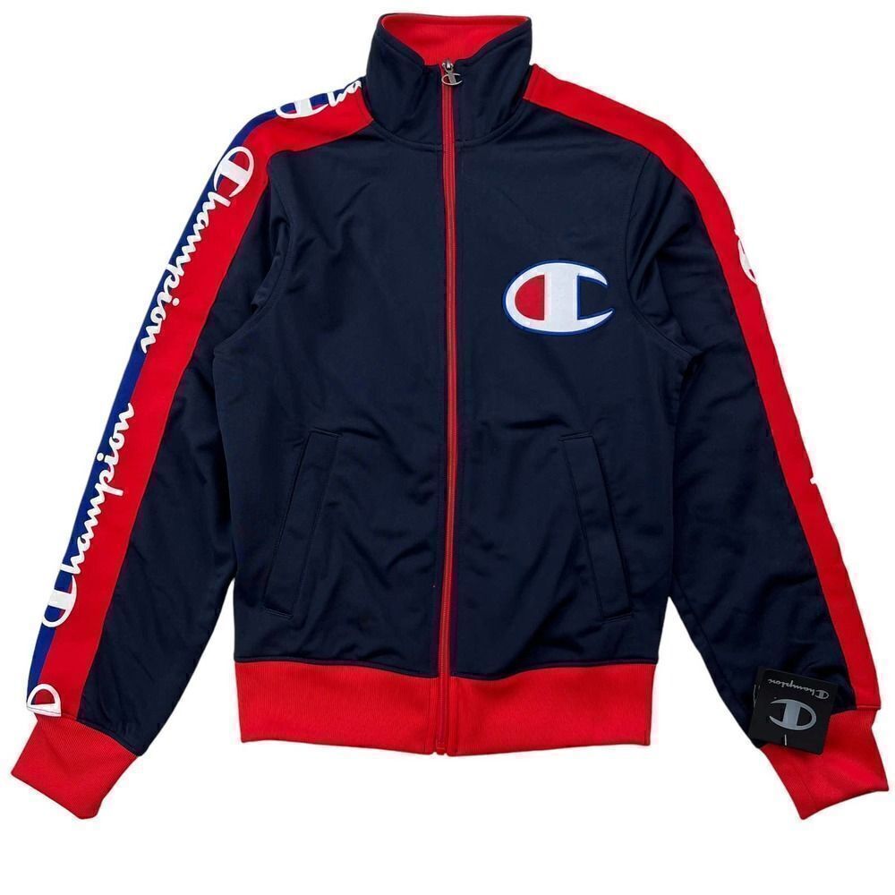 New Champion Men Navy Blue Full Zip Jacket Sport Athletic Red Cuffs Logo US XS